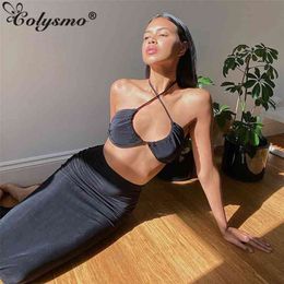 Colysmo Summer Long Skirts Two Piece Set Women Black Halter Backless Crop Top High Waist Pencil Skirt Party 2 Piece Outfits 210730