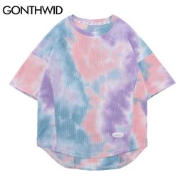 Tshirts Hip Hop Tie Dye Curved Hem Tees Shirts Streetwear Harajuku Fashion Casual Loose Summer Short Sleeve Tops 210602