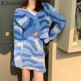 Kimutomo Spring Elegant Outfit O-neck Single Breasted Short Cardigan and High Waist Zebra Striped Mini Skirt 2 Piece Set 210521