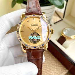 Fashion Tourbillon Mechanical Watches Men AAA Zircons Geometric round Diamond Automatic Wristwatch Waterproof Real leather clock 42mm