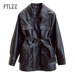 Women Medium Long Faux Leather Jacket Ladies With Belt Zipper Double-breasted Streetwear Coats Female Outwear 210525