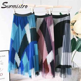 Spring Summer Korean Style 3 Layers Women Blue Patchwork Mesh High Waist Midi Long Tulle Pleated Skirt Female 210421