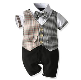 Baby Boys Gentleman Style Rompers Summer Toddler Boy Vest Bowtie Romper Infant Short Sleeve Jumpsuits Kids Cotton Onesies