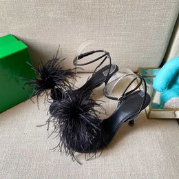 2021 moda tacco alto in pelle piume di struzzo sandalo donna PIUMA DOT sandali pantofole diapositive designer signore festa ufficio scarpe da sera taglia 35-43