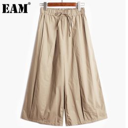 [EAM] Black Casual Pleated Bandage High Elastic Waist Trousers Loose Fit Pants Women Fashion Spring Summer 1DD8591 210512