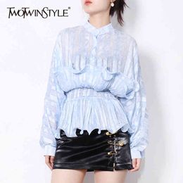 Ruffle Patchwork Tunic Blouse For Women Stand Collar Long Sleeve Print Casual Shirt Female Fashion Stylish 210524