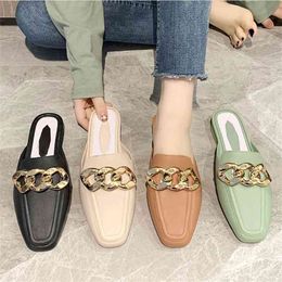 Metal Chain Slippers Women Shoes 2021 Summer Non-Slip Square Toe Concise Ladies Mules Shoes Fashion Elegant Female Footwear New