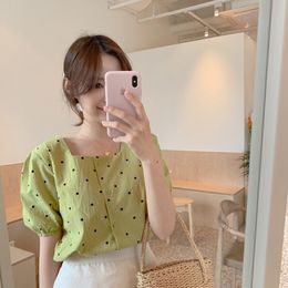 square print green shirt Casual Vintage short sleeve Cotton Girls Blouse Plus Size Summer Women Blouses Top femme 210417
