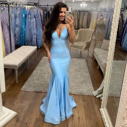 Wholesale Sexy Cheap Blue Mermaid Evening Dresses Wear V Neck Lace Appliques Crystal Beaded Sleeveless Sheer Back Formal Prom Dress Party Gowns