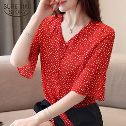 Women And Tops Korean Fashion Clothing Off Shoulder Top Shirts Chiffon Blouse Button Polka Dot V-Neck 3636 50 210415