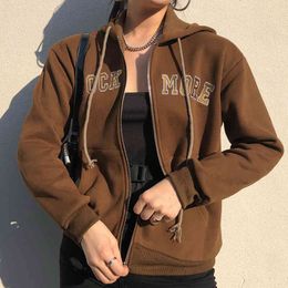 Casual Letter Embroidery Brown Plus Velvet Warm Hoodie For Girls Winter Women Harajuku Long Sleeve Zip Up Thicken Clothes 210415
