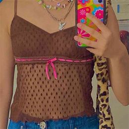 Brown Mesh Patched Y2K Summer Sexy Top With Thin Strap Backless Fashion Vintage Polka Dot V Neck Sleeveless Crop Cami Party 210407