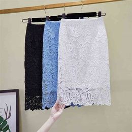 summer hollow lace temperament package hip skirt slim Knee-Length Casual Polyester Pencil Solid 210416