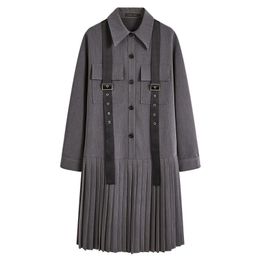 Grey Shirt Dress Pleated Pocket Button Long Sleeve Knee Length Loose A Line D2042 210514