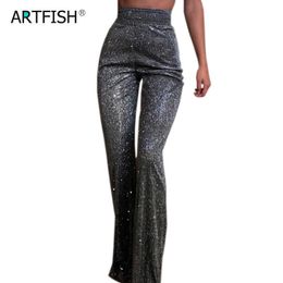 Sexy Glitter Shiny Pants Party Women Flare Pants High Waist Reflective Wide Leg Pants Zipper Silver Long Trousers Mujer M0265 Q0801