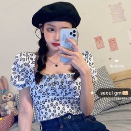 Fashion Retro Sexy Crop Tops Korean Chic Square Neck Short Sleeve Sunflower Blouse Elastic Waist Short Puff Sleeve Summer Shirts 210610