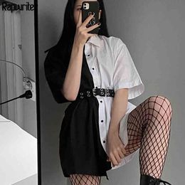 Rapwriter Gothic Panelled Turn Down Neck Women's Shirt Long Blouse Women Single Buttons Short Sleeve Loose Tops Blusas 210415