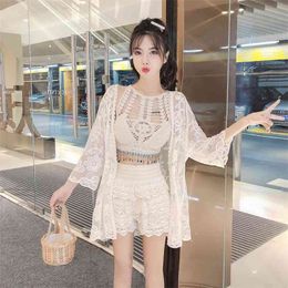 Summer Women's Camis Cardigan Shorts 3-Piece Sets Vacation Sexy Lace Sunscreen Woman GD300 210506