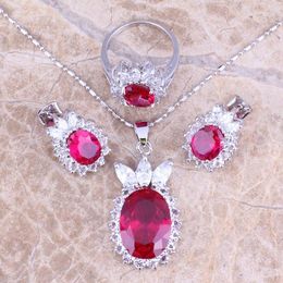 Earrings & Necklace Awesome Red Cubic Zirconia White CZ Silver Plated Jewellery Sets Pendant Ring Size 5 / 6 7 8 9 10 11 12 S0416