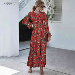 Long Dress Autumn Winter Dots Flroal Print Ruffle Black Clothes Elegant Ladies Flower Long Sleeve Maxi Dresses For Women 210409