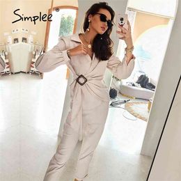 Casual spring solid wrap women sets office lady V-neck long sleeves two piece set female Elegant cotton sash suits slim 210721