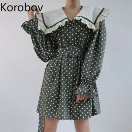 Korobov Korean Chic Polka Dot Dresses Autumn Winter New Vintage Turn-Down Collar Patchwork Dress Long Sleeve Ruffles Vestidos 210430