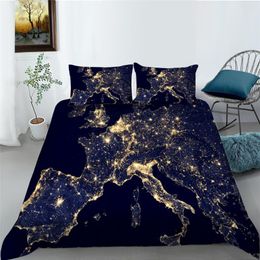 Bedding Sets Quilt Cover Set With Pillow Blue Duvet Luxury Golden Map Printing Bed Suit Bedroom Decoration