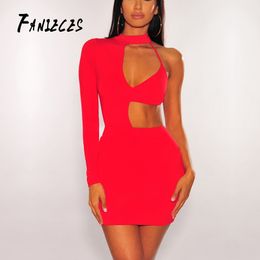 FANIECES O Neck Sheath Dress For Women summer sexy night club Mini Bodycon Dresses Black red One-Shoulder Vestidos Mujer 210520