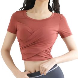 LL570 Solid Colour Navel Waist-closing Short-sleeved Yoga Outfits Tops Gym Clothes Women Sports Fiess Clothing Korean T-shirt Shirt