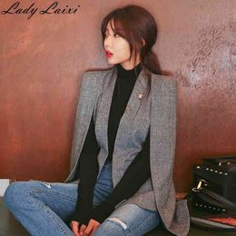 NEW Long Sleeve Cape Blazer Coat Women Notched Split Cloak Cape Jacket Suit Women's Blazer OL Office Workwear plaid black 210330