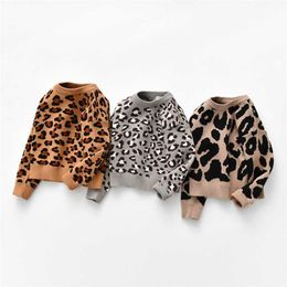 Crianças bebê meninos blusas leopardo tricotada pulôver casual manga longa crianças tops crianças menino roupas menina 211028