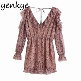 Floral Print Ruffle Jumpsuit Women Sexy Slits Long Sleeve V Neck Chiffon Romper Holiday Summer Boho Beach Plus Size 210514