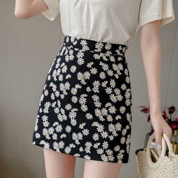 Women's Temperament High Waist Black Skirt Little Daisy Floral Print Female Summer s 210529