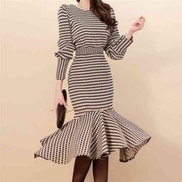Fall Autumn Houndstooth 2 Piece Sets Womens Outfits Korean Puff Sleeve Top & Bodycon Mermaid Skirt Suits OL Female Two Set 210514