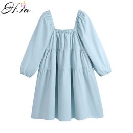 H.SA Loose Shirts Dresses Womens Long Sleeve Slash Neck Pleated Dress Casual Clothing Street Style Spring Summer 210417