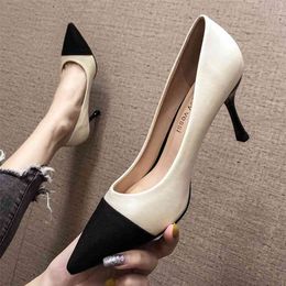 Spring High Heels Shoes Women Patchwork Soft PU Leather Pointed Toe Solid Black Beige Slip Ons Sexy Wedding Elegant Pumps 210520