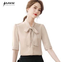 Chiffon Shirt Women Half Sleeve Summer Fashion Bow Temperament Professional Slim Blouses Office Ladies Work Tops 210604