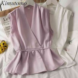 Kimutomo Drawstring Lace Up Ruffles Blouse French Style Office Lady Cross V-neck Sleeveless High Waist Shirt Women Elegant Tops 210521