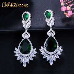 Romantic Wedding Souvenir Jewellery Long Drop CZ Crystal Green Bridal Chandelier Earring For Bride CZ112 210714
