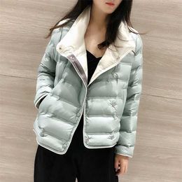 Ailegogo Winter Women Stand Collar Ultra Light Short Down Coat 90% White Duck Warm Single Breasted Jacket Lady Snow Outwear 211008