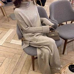 Two Piece Set Women Winter Warm Turtleneck Split Pullover Sweater +High Waist Stretch Loose Wide-Leg Pants Suit 210520