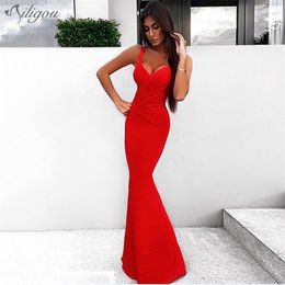 Women's Red Sleeveless Bandage V-Neck Dress Mermaid Elegant Nightclub Long Floor Length Summer 210525