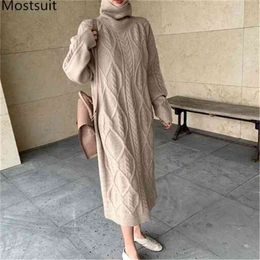 Twisted Knitted Women Sweater Long Dress Autumn Winter Full Sleeve Turtleneck Loose Straight Dresses Casual Ladies Vestidos 210513