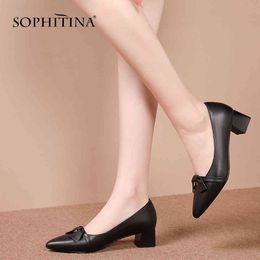 SOPHITINA Casual Genuine Leather Square Heel Ladies Pumps Fashion Butterfly Knot Shoes Sexy Pointed Toe Basic Women Pumps SO214 210513