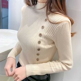Fashion-Autumn Ribbed Button Women Sweater Pullovers Cotton Long Sleeve Turtleneck Jumpers Spring Soft Comfortable Basic Tops 220104