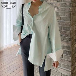 Summer Korean Fashion Solid Casual Loose Split Blouse OL Style Long Sleeve Turn-down Collar Womens Tops and Blouses 10294 210508