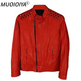 Quality Mens Sheepskin Jacket Punk Rivet Motorcycle Rider Leather Coat Cool Man Red