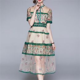 Women Dress Summer Vintage Elegant Mesh Embroidery Stitching Puff Sleeve Large Swing Lace Vestidos 210603