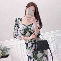 elegant print Maxi long Dress for women Summer Long Sleeve square Neck cotton Ladies Sexy Office flowers Dresses 210602