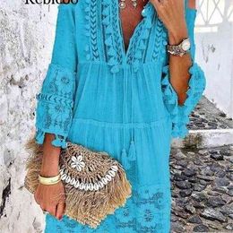Tassel Sexy Boho Long DrWomen lace Fall Solid Hollow Out V-Neck Lace sexy Dresses bohemian style Plus Size Drvestidos X0529